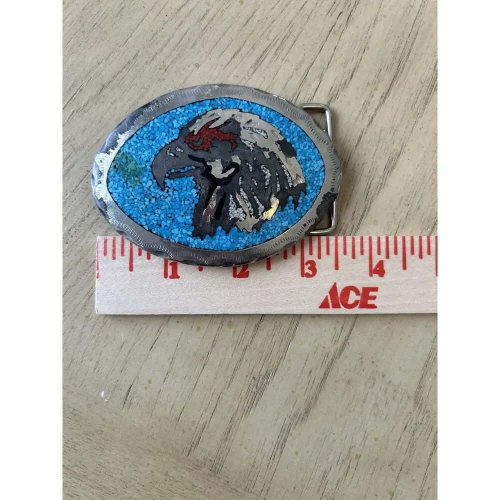 2 VTG EAGLE Belt Buckle Embossed Leather & Silver Turquoise USA American HEAVY